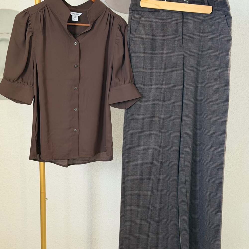 Calvin Klein Brown Blouse and Gray Plaid Trousers